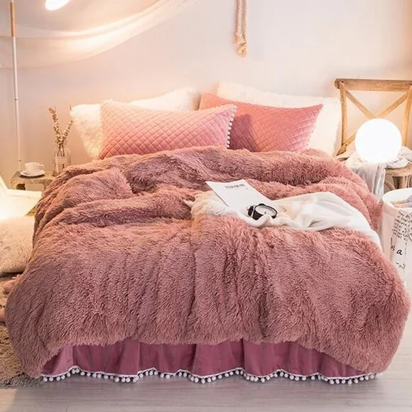Luxury Fluffy Shaggy Duvet Cover,Cute Faux Fur Comforter Set (1 F